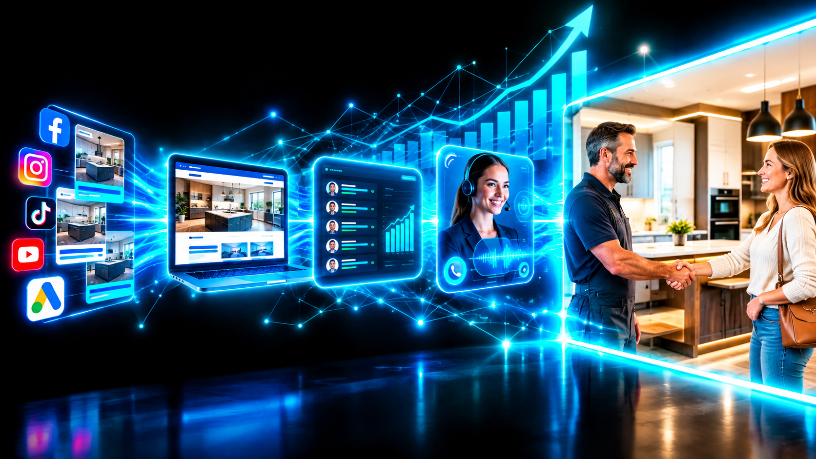 A flow of connected system blocks for ads, a website, a CRM and an AI receptionist, all feeding into a cabinet shop owner shaking hands with a happy customer in front of a finished kitchen