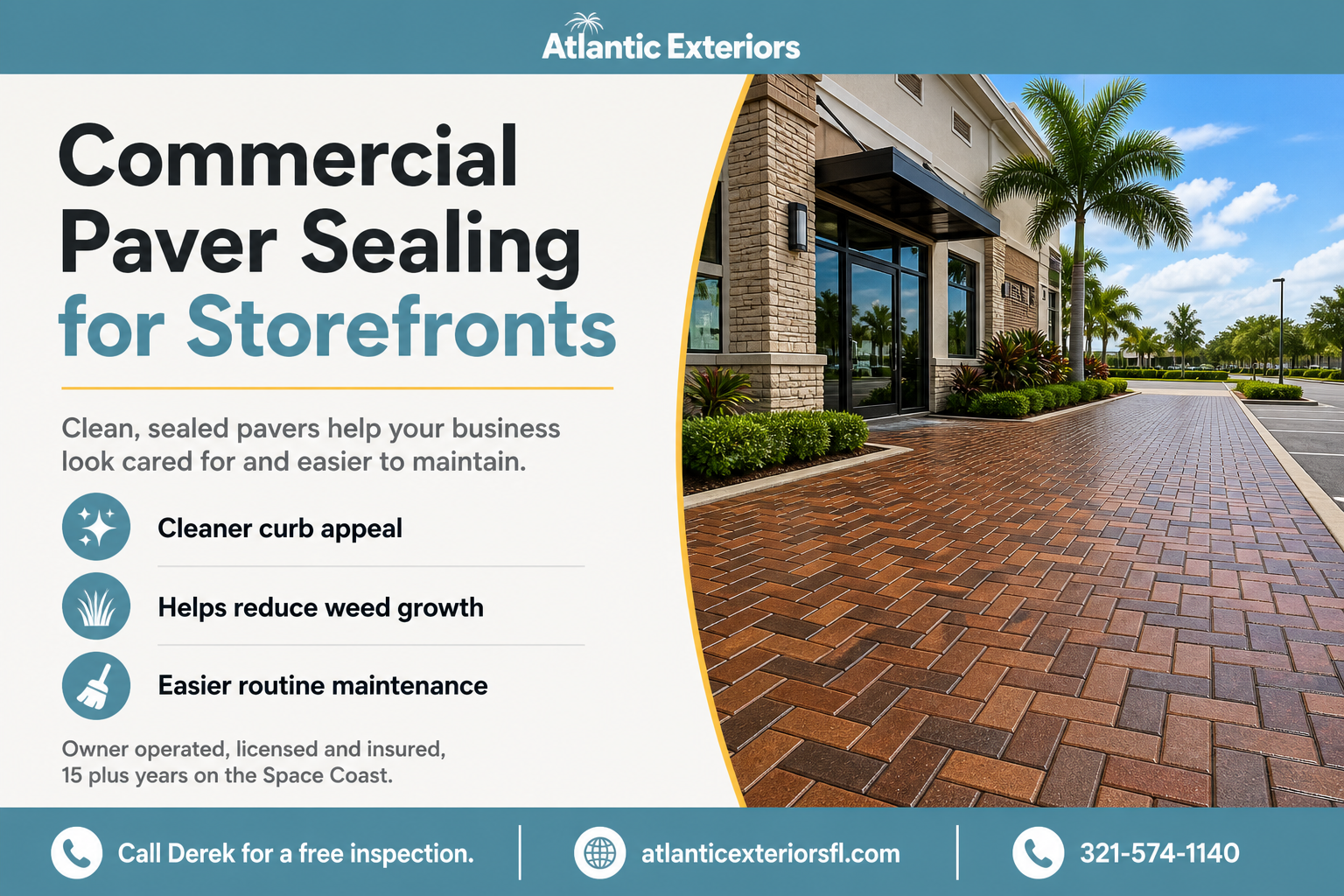 Commercial paver sealing for Brevard County businesses by Atlantic Exteriors at storefront entrance