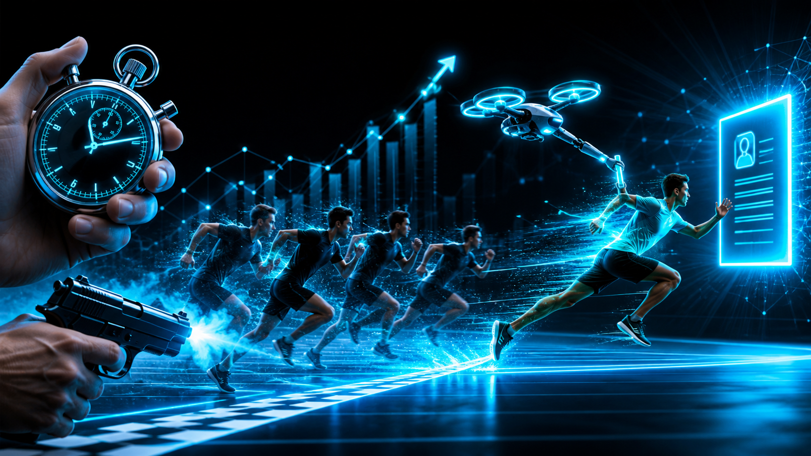 Runners labeled as freelancers sprinting from a starting line toward a single glowing job card, one already far ahead because an AI drone handed him the baton first