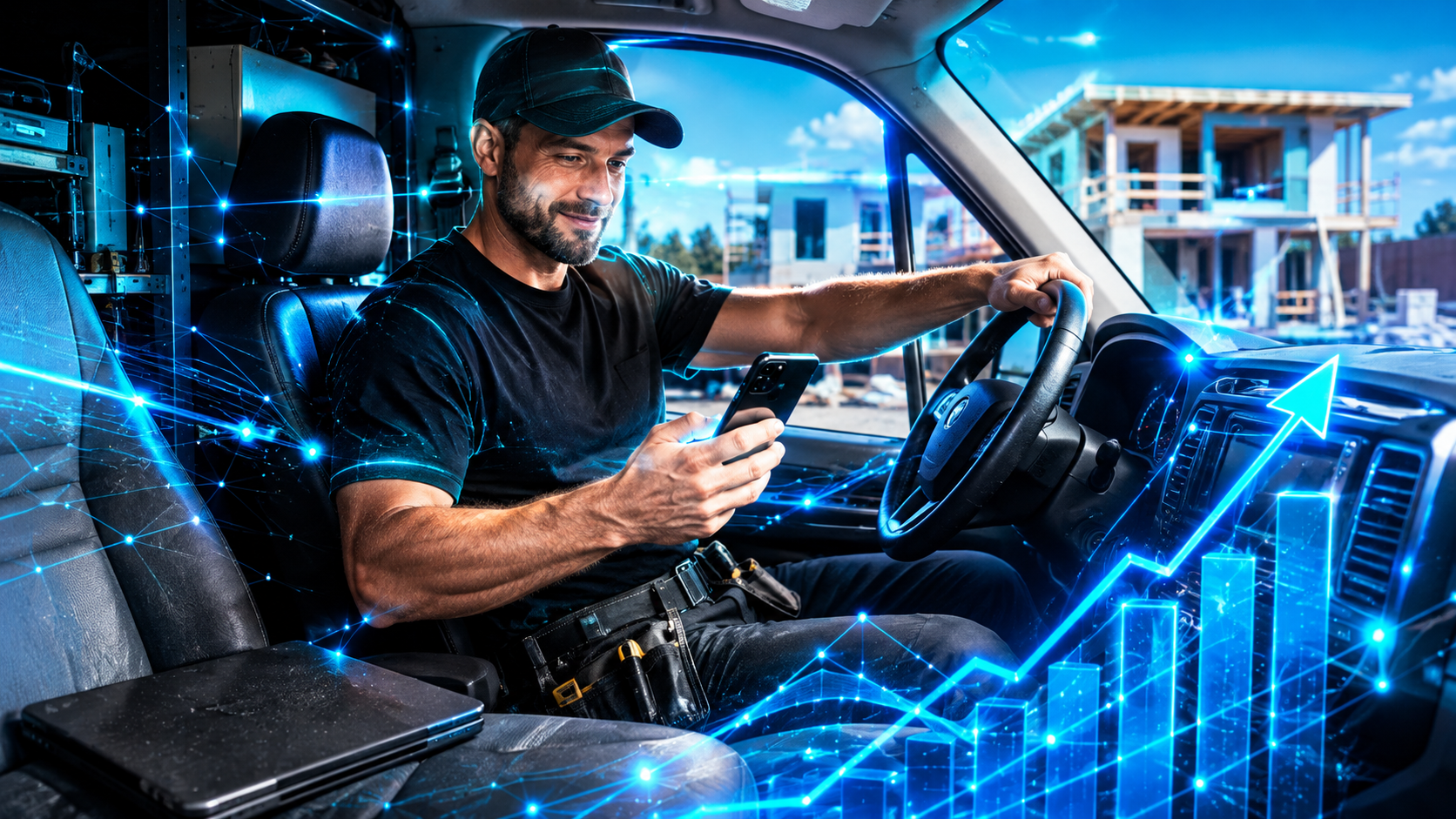 A cabinet installer in the cab of a work truck tapping a lead reply on his phone, with a closed laptop gathering dust on the passenger seat