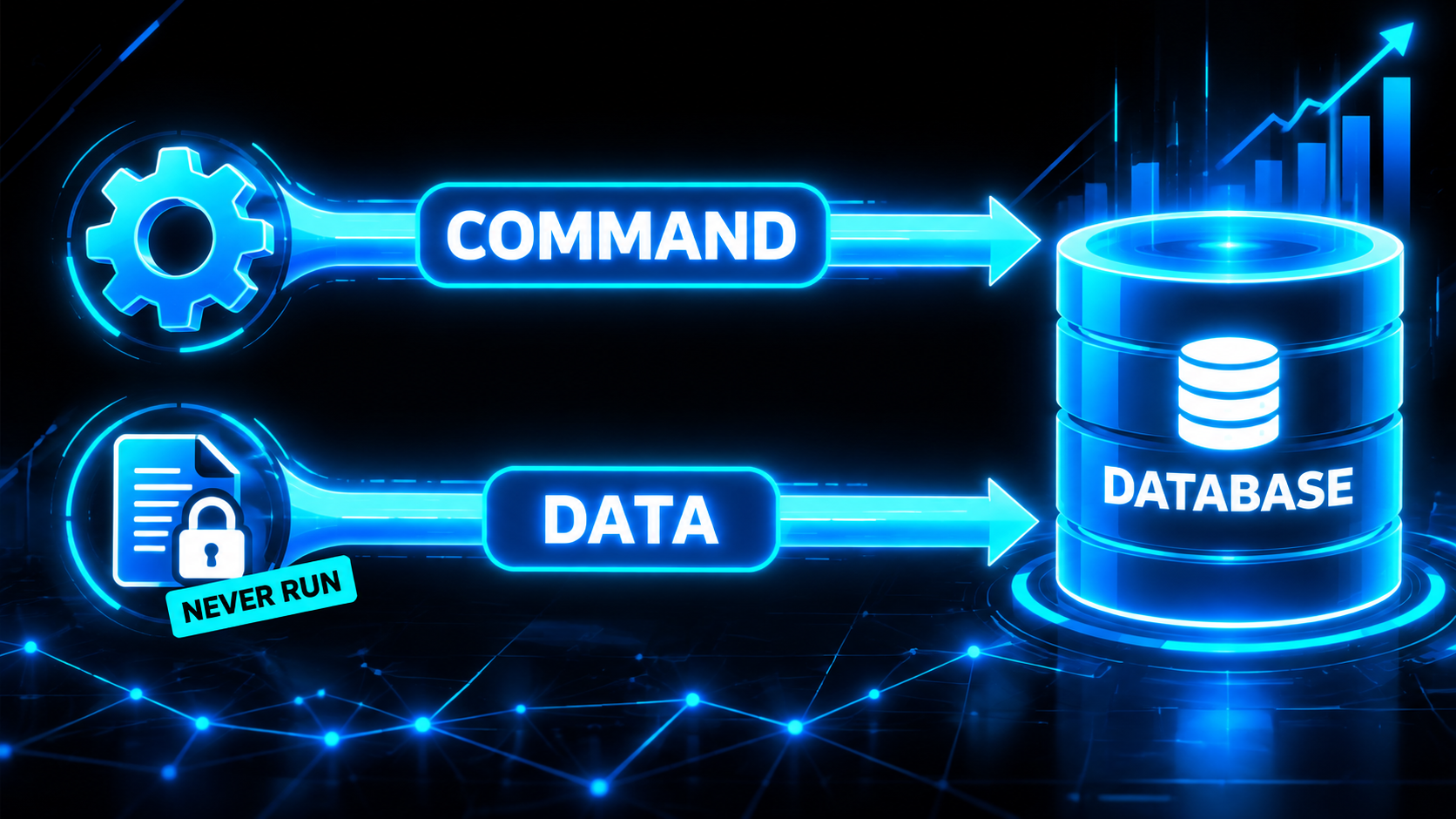 Diagram of two separate pipes labeled Command and Data running into a database, the Data pipe locked with a tag reading Never Run, the pipes never crossing