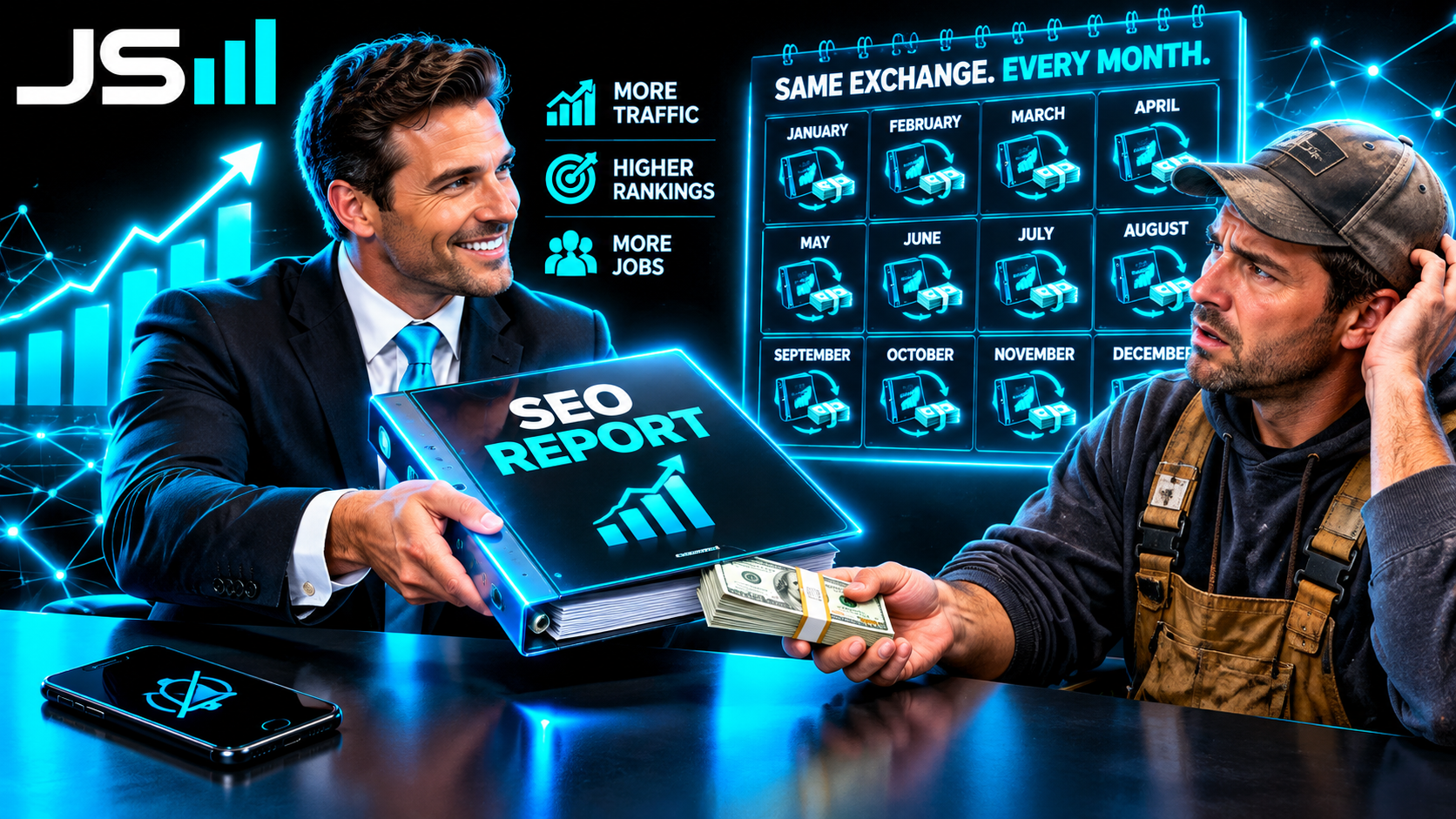 A salesman handing a roofer a thick glossy SEO report binder while taking cash, with a calendar showing the exchange repeating monthly and the roofer's phone silent on the table