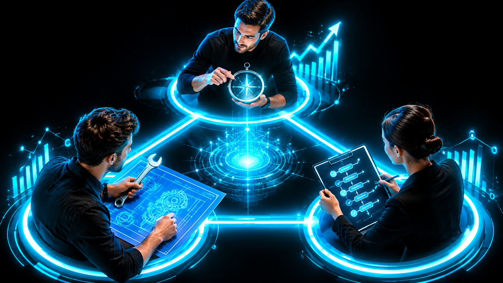 Three glowing seats arranged as a triangle, one holding a compass, one holding a wrench and blueprint, one holding a clipboard with a process chart, all connected by light