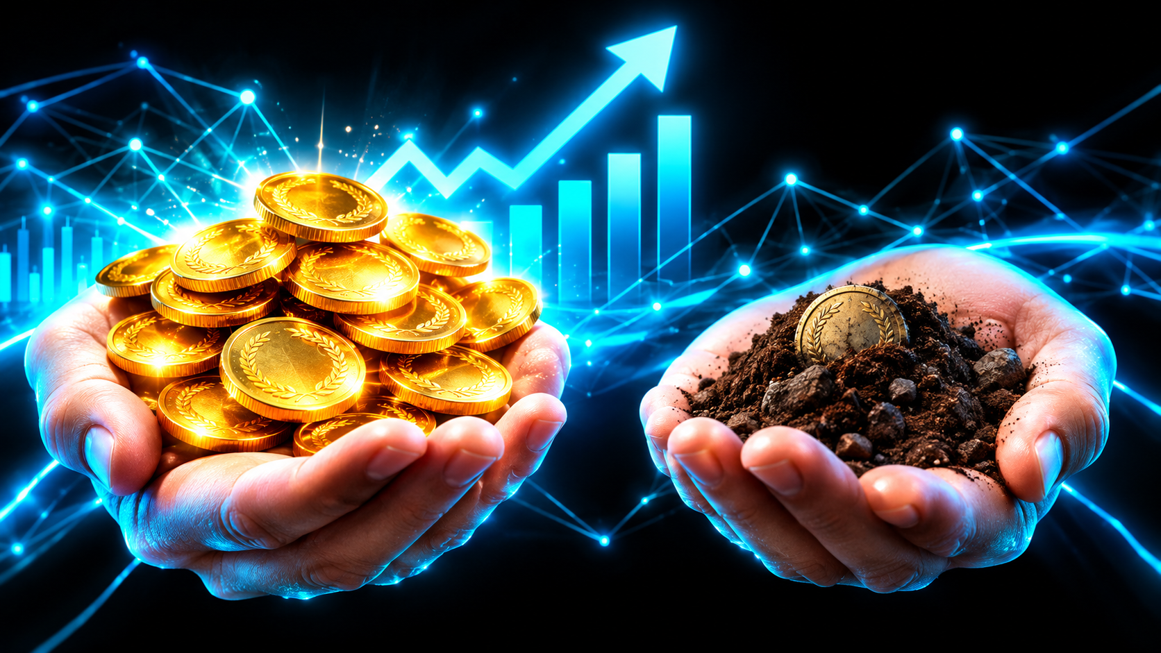 Two open hands side by side, the left holding five gold coins that have multiplied into ten and overflow, the right holding a single dull coin buried in a small mound of dirt