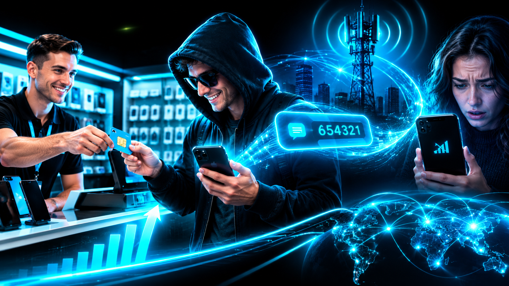 A scammer at a phone store counter being handed a new SIM card while the real owner's phone goes dark and a six-digit text code floats to the scammer's phone instead