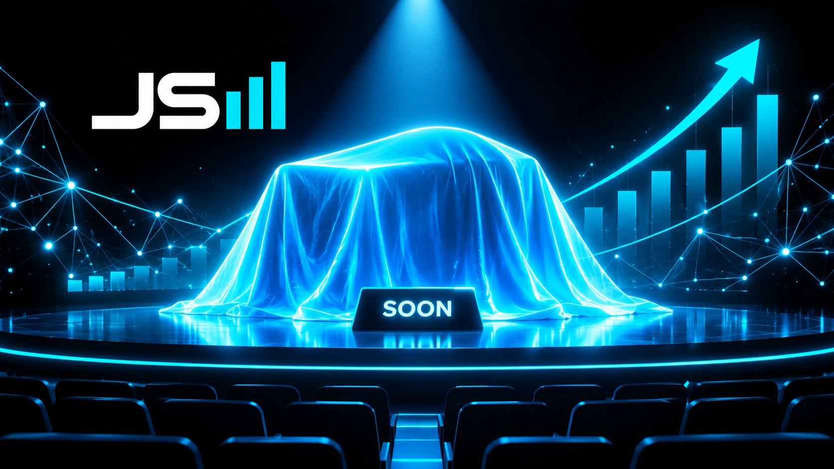 A large object on a stage covered by a glowing cloth under a single spotlight, with a small sign reading soon