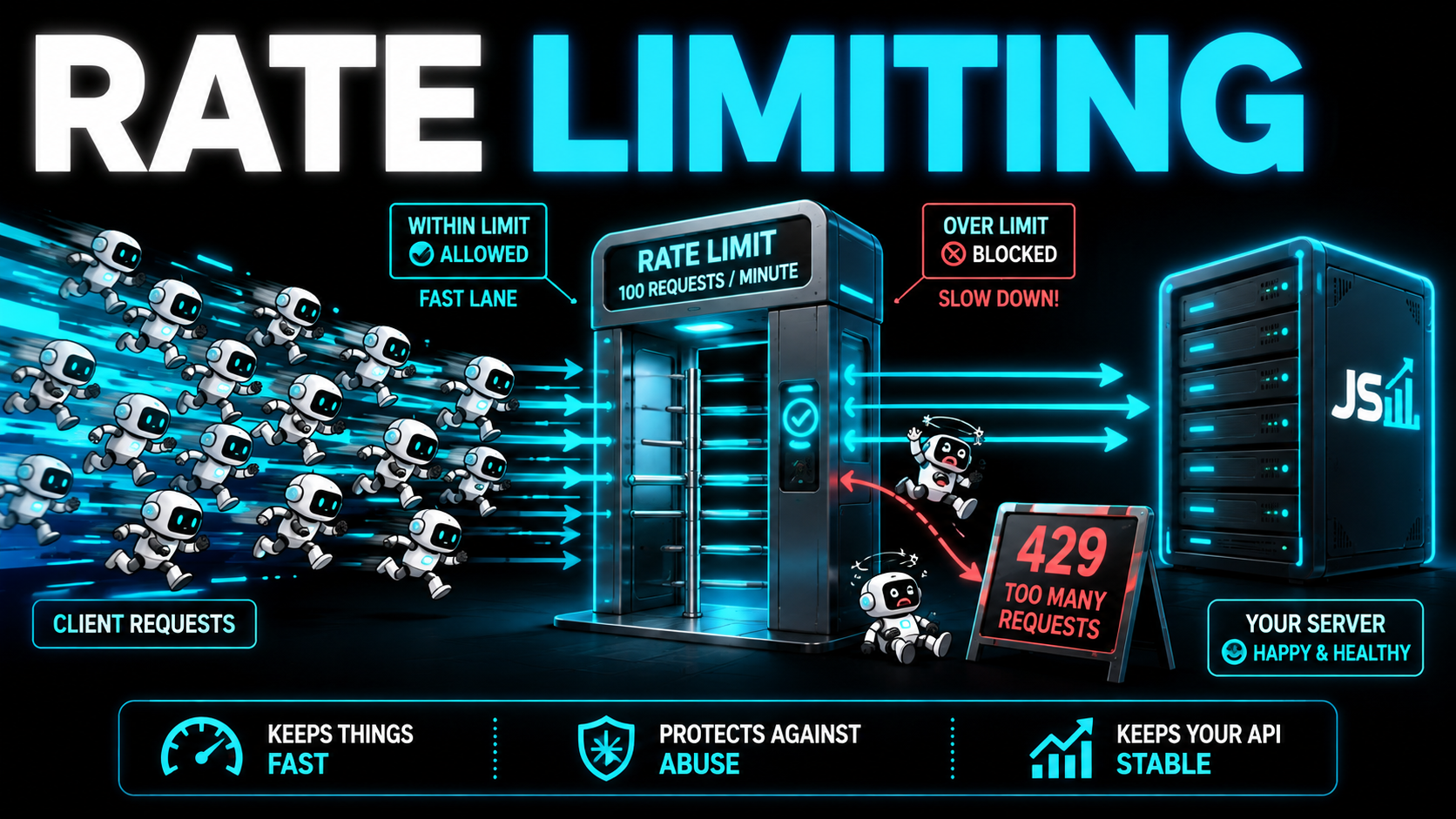 Diagram of rapid requests hitting a gate in front of a server with excess turned away by a 429 too many requests sign, headline reading Rate Limiting