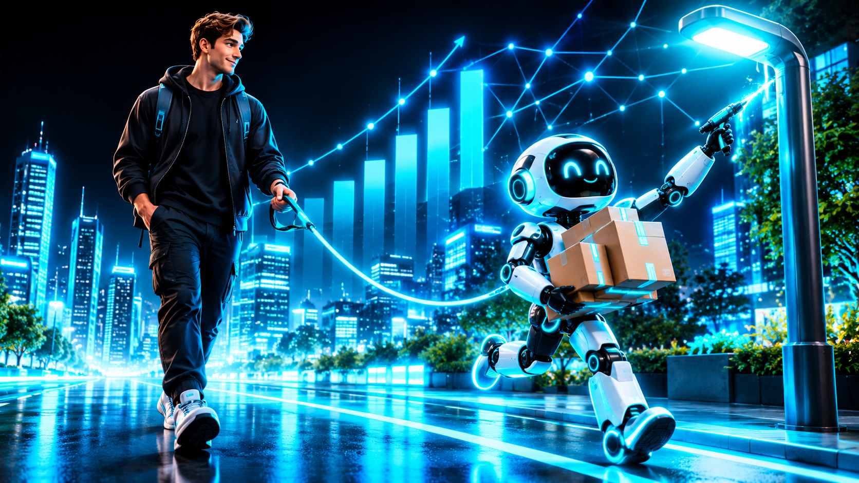 A person calmly walking a glowing robot on a long leash while the robot runs ahead carrying boxes and fixing a streetlight
