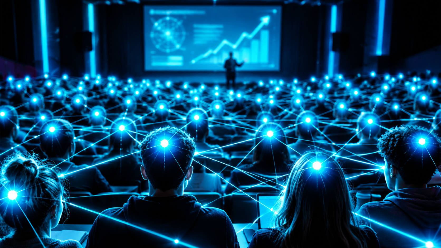 A lecture hall seen from the back where the lecturer is dim and out of focus while every student's head glows as a node in a connected web
