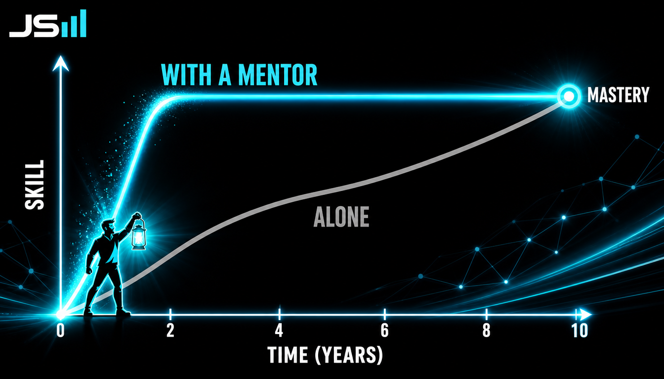 A line chart of skill over time, a long slow gray curve labeled alone reaching mastery at year ten, and a steep bright curve labeled with a mentor reaching the same height at year two