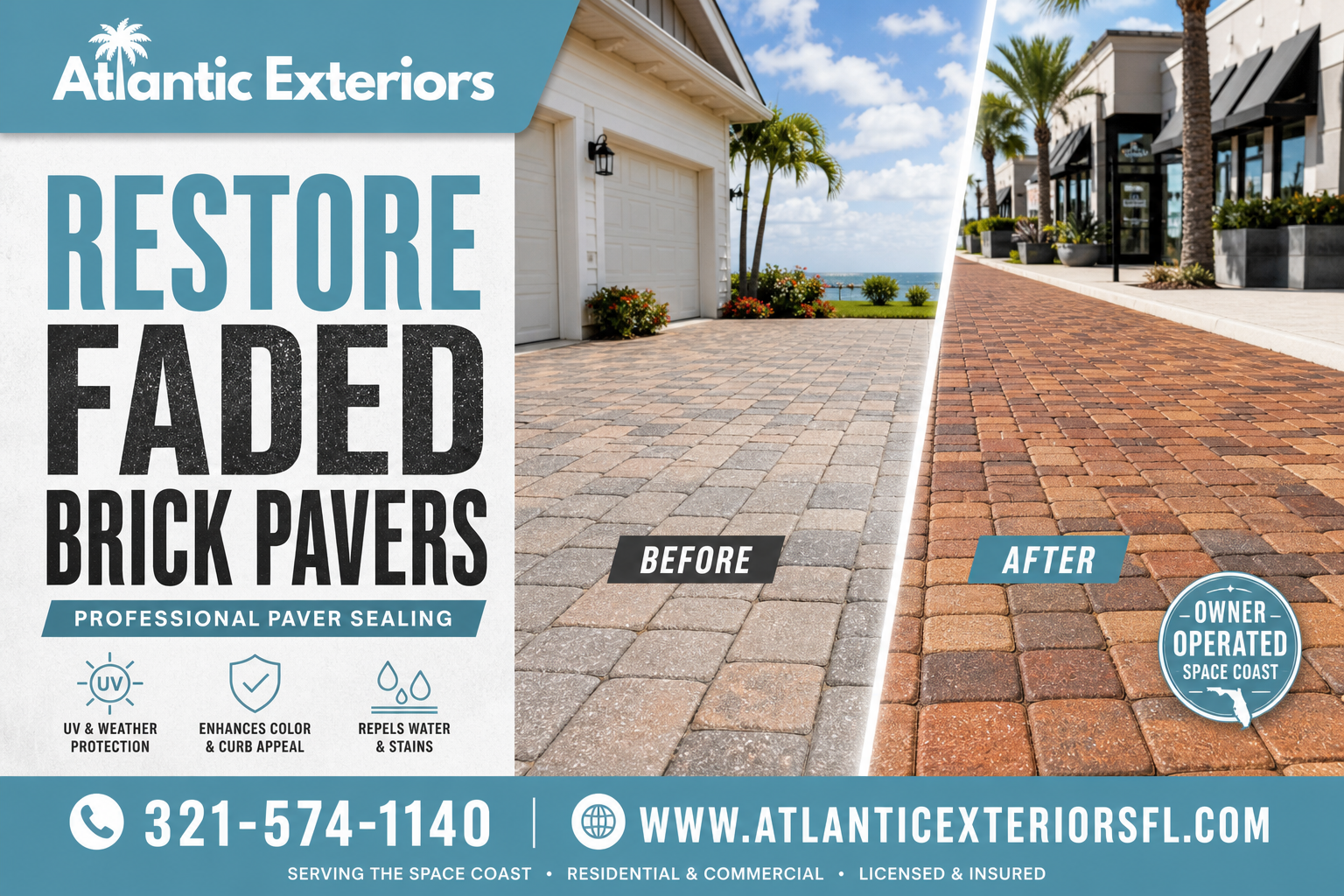 Why faded brick pavers can usually be restored by Atlantic Exteriors driveway scene
