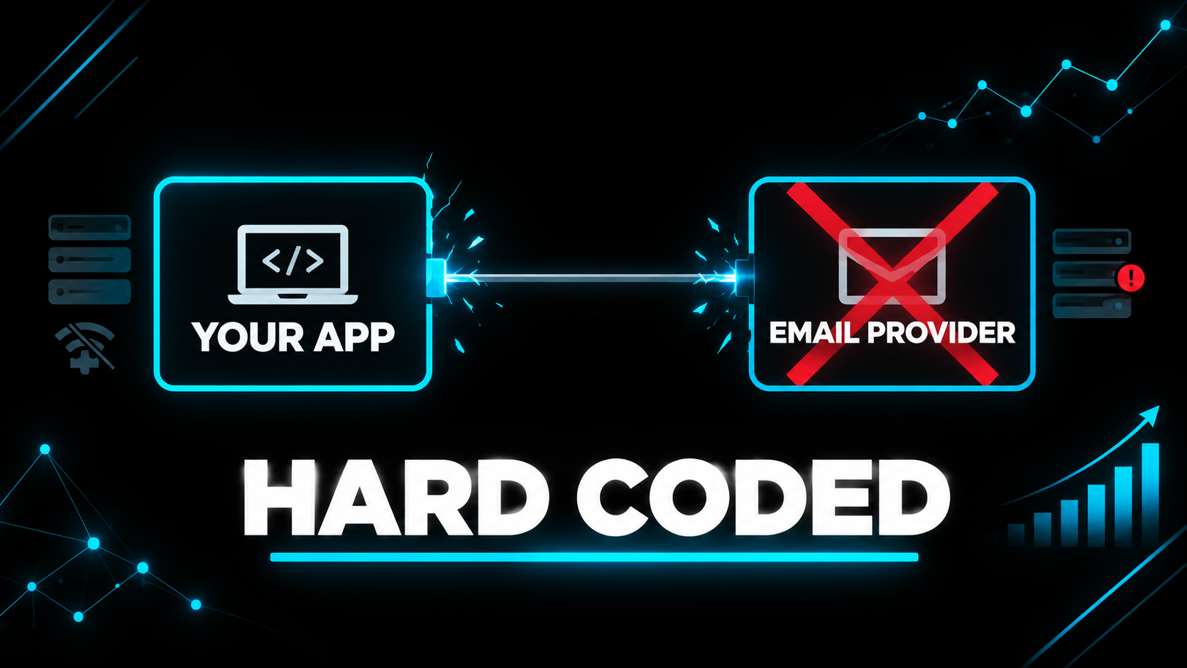 Architecture diagram showing a box labeled your app wired directly into a single box labeled email provider, with a red X over the provider and the app going dark, labeled hard coded