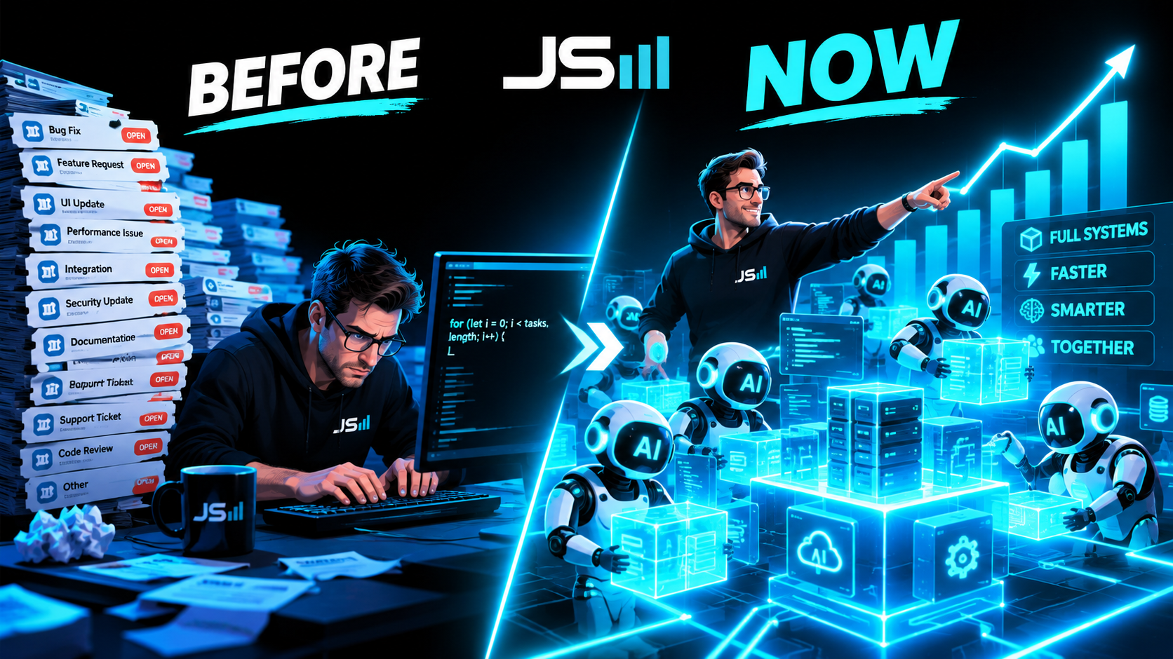 Before and after split, an engineer hunched over a keyboard typing one line at a time with tickets piling up labeled before, and the same engineer standing and directing a swarm of AI builders assembling whole systems labeled now