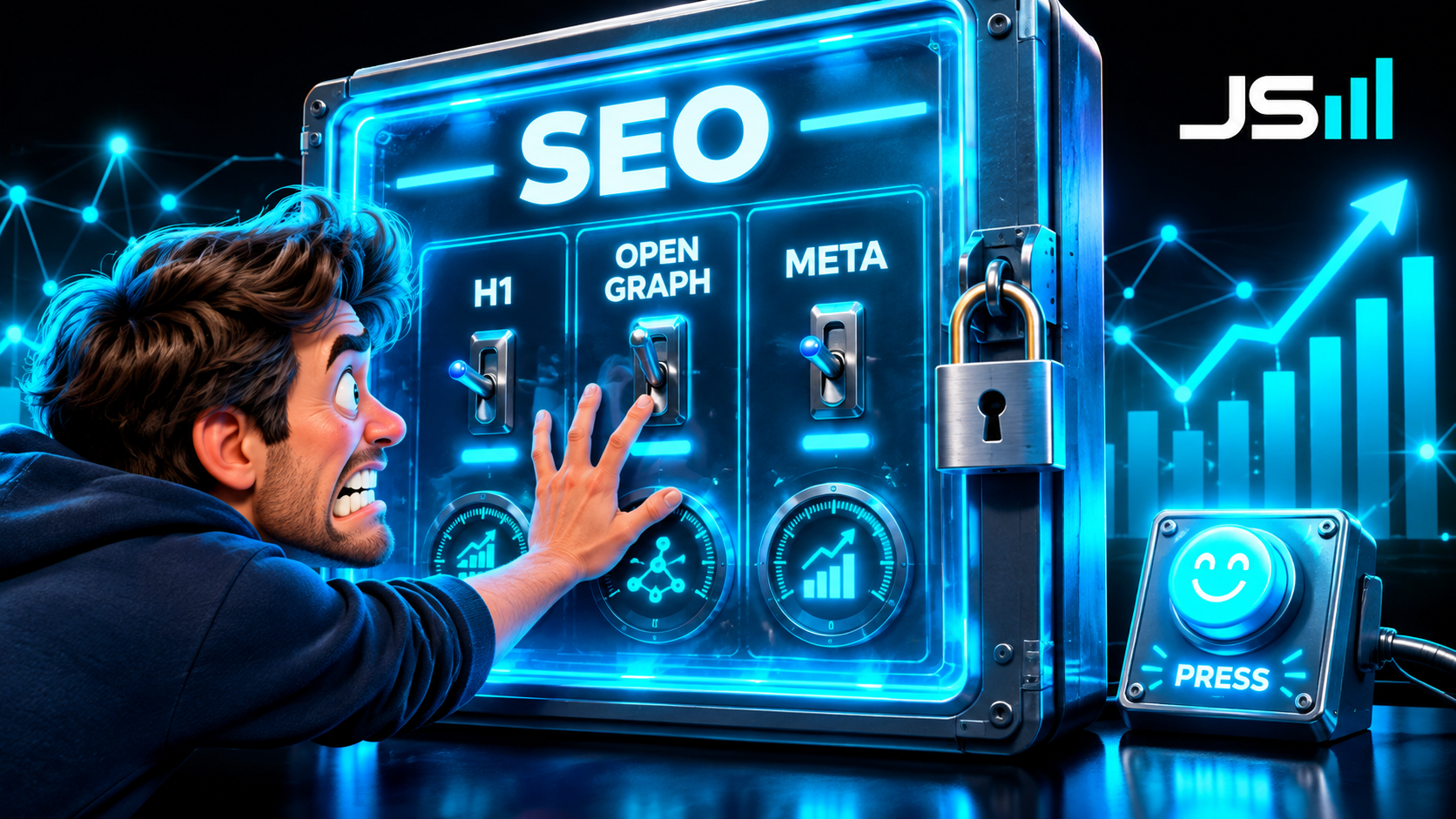 An SEO control panel with the H1, Open Graph and meta switches locked behind glass, and one big toy button left available