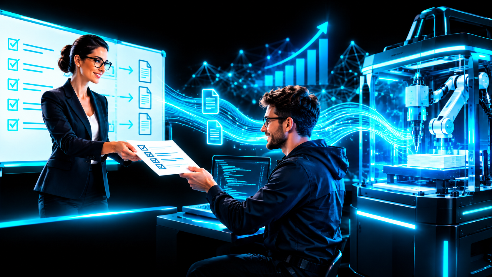 A CFO at a whiteboard of precise document rules handing the sheet to an engineer who wires those rules into a glowing automated machine