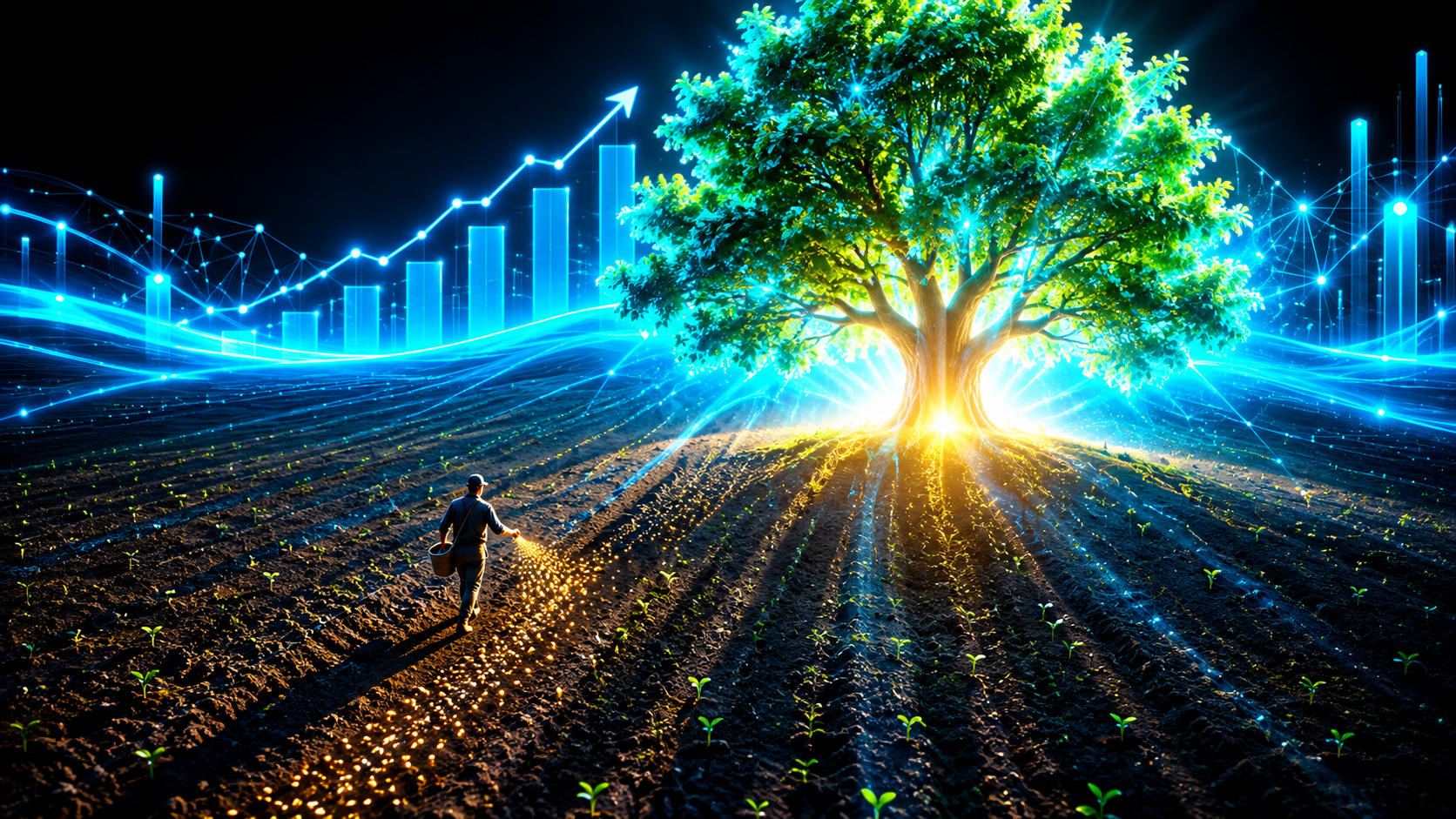 A wide field seen from above with a single figure scattering seeds along a long row, mostly bare dirt with a few sprouts and one enormous tree exploding upward from a single spot