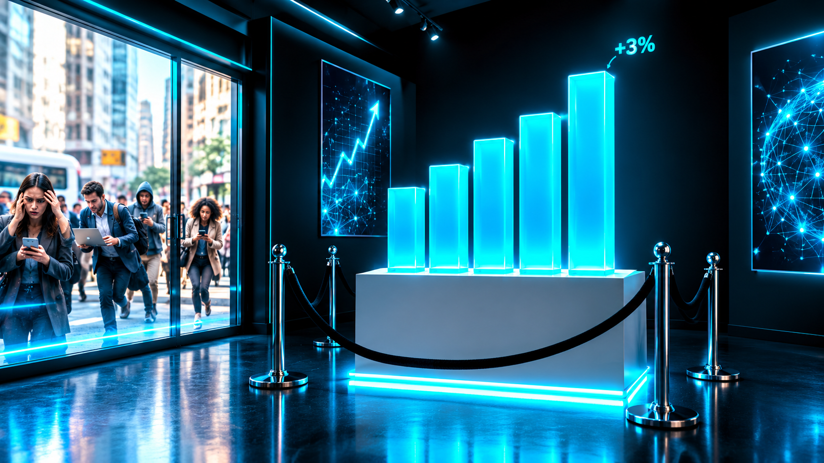 A pristine bar chart displayed like a museum piece behind velvet ropes while the messy real world happens outside the glass doors