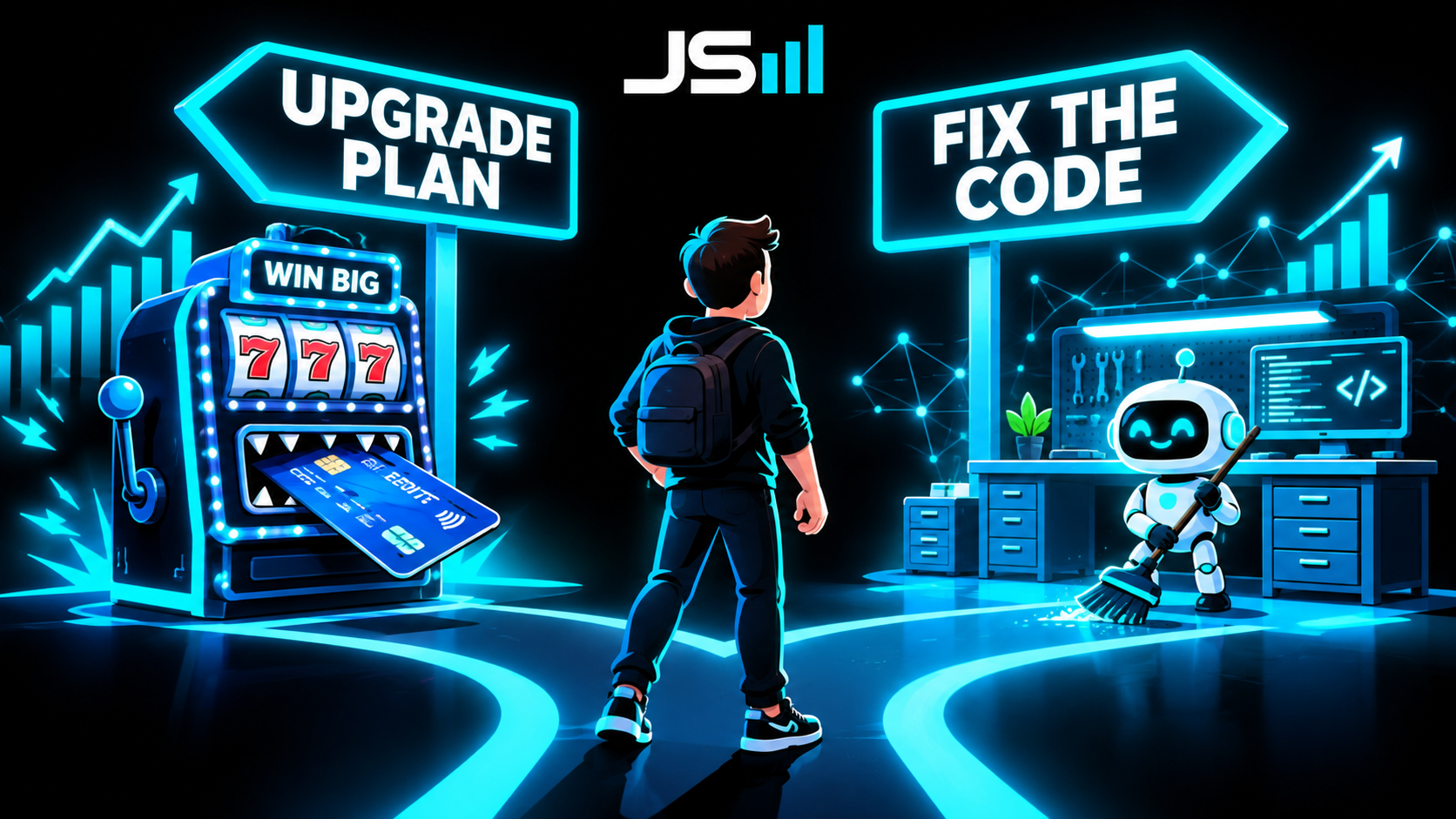 A fork in the road: one sign reading UPGRADE PLAN points to a slot machine eating a credit card, the other reading FIX THE CODE points to a tidy workbench with a small robot holding a broom, and the person at the fork has turned toward the workbench