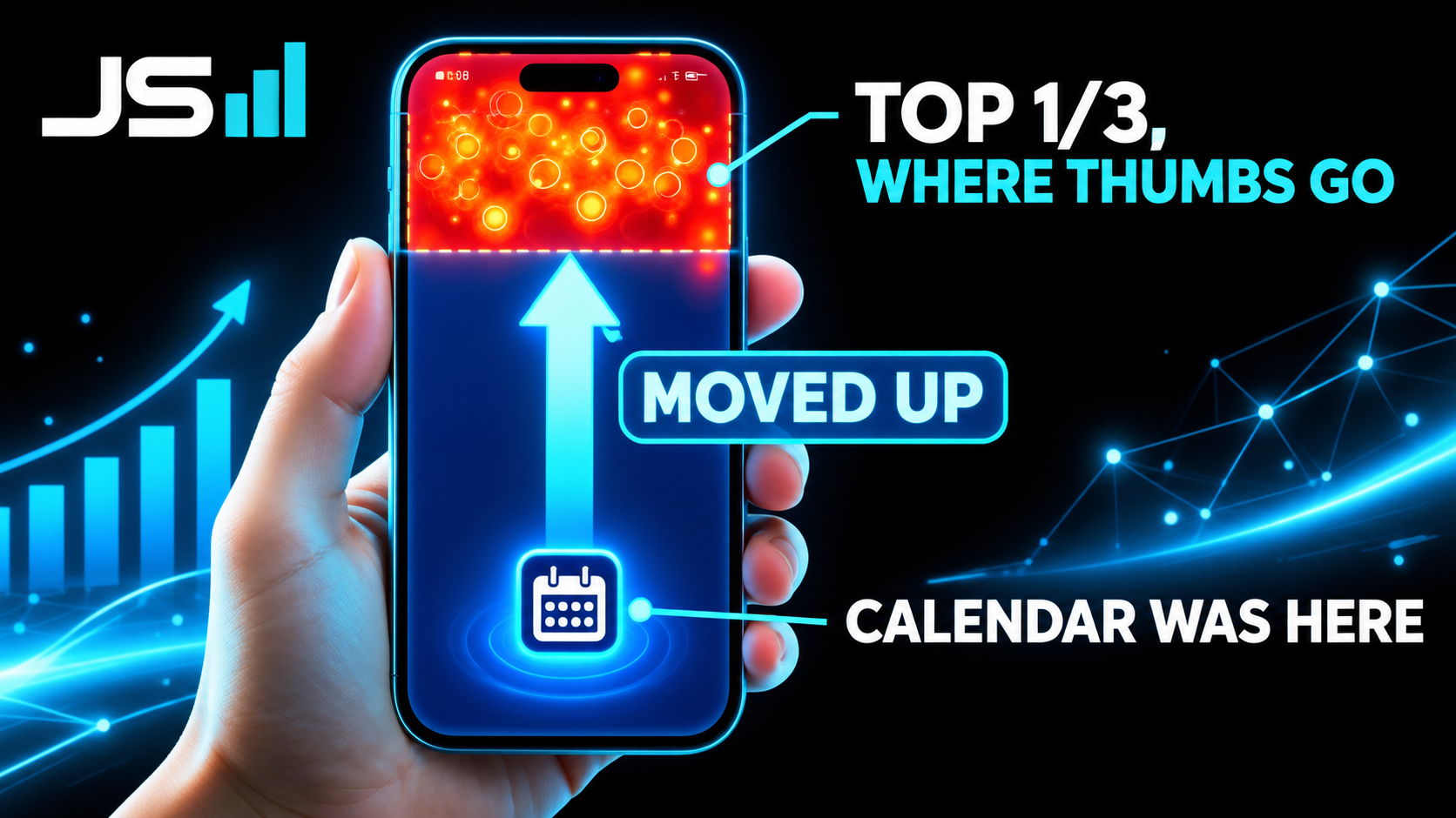Diagram of a smartphone with the top third glowing hot with tap marks labeled Top 1/3 Where Thumbs Go, the bottom two thirds cool and empty with a calendar icon labeled Calendar Was Here, and an arrow moving the calendar up labeled Moved Up