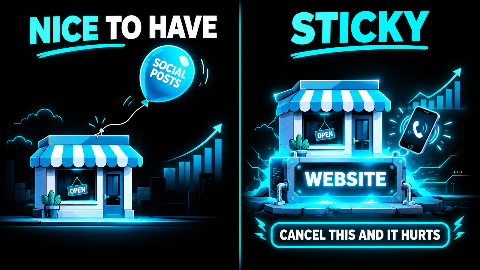 Two panels: a storefront with a balloon labeled social posts drifting away, unbothered, versus the same storefront with a website bolted into its foundation and a phone ringing off it, captioned cancel this and it hurts