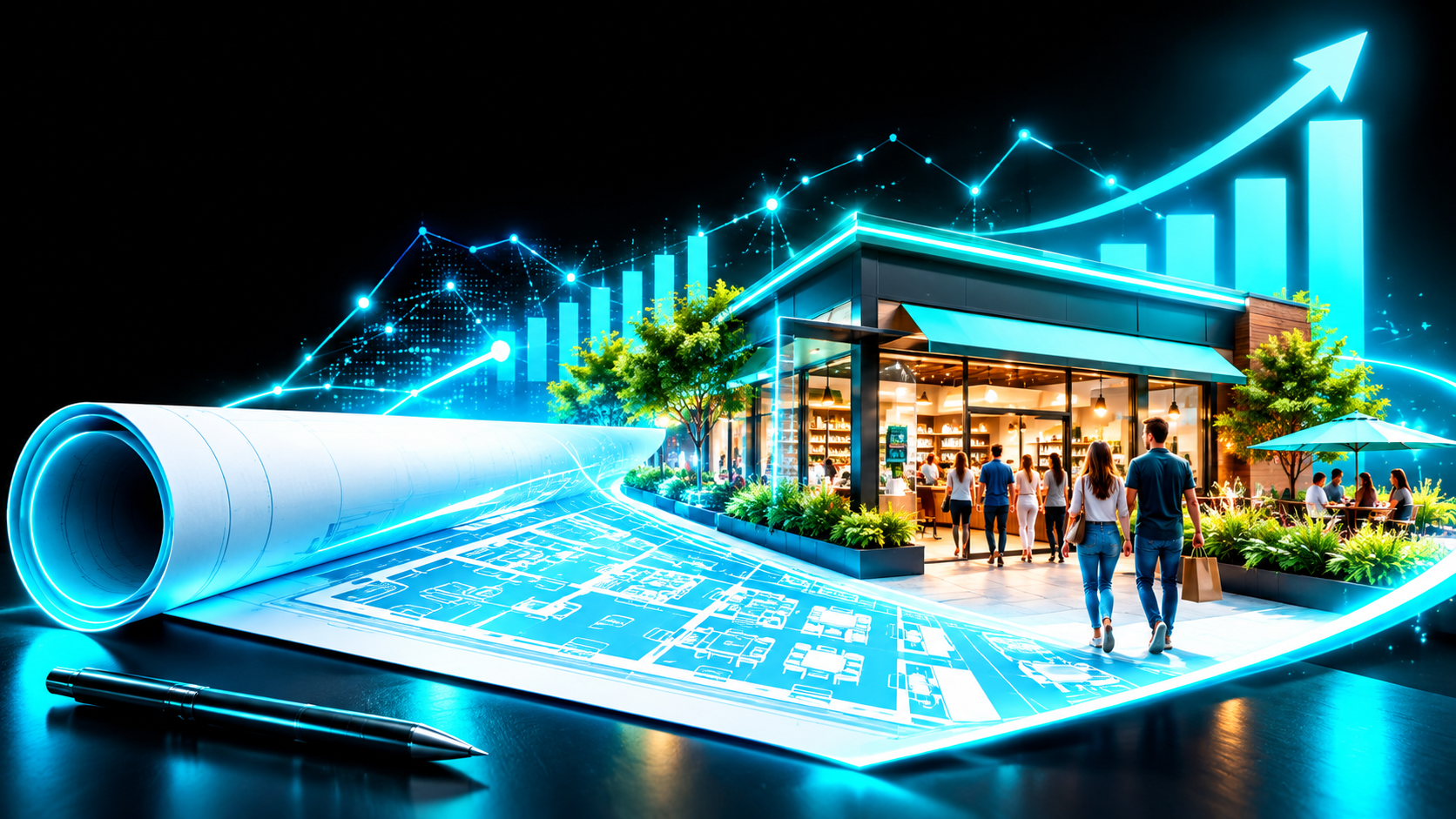 A rolled blueprint unrolling across a table, and where the drawing ends a small thriving storefront rises up out of the paper in full color with customers walking in
