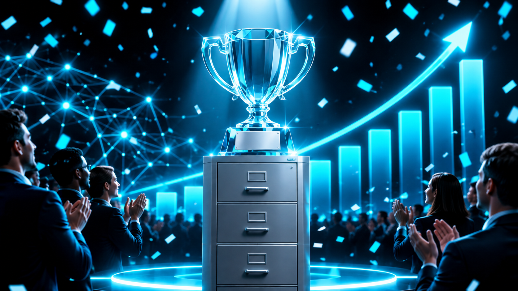 A gleaming glass trophy shaped like a plain gray filing cabinet under a spotlight with confetti falling and a small crowd clapping politely