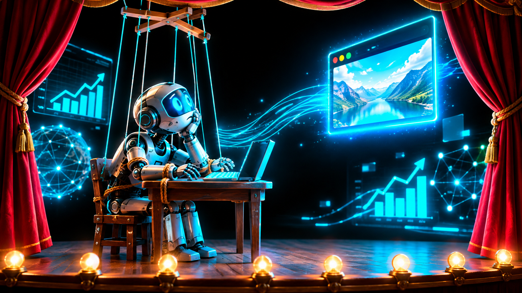 A robot marionette at a tiny desk typing code, arms tied to the desk, staring at a browser window floating just out of reach across the stage