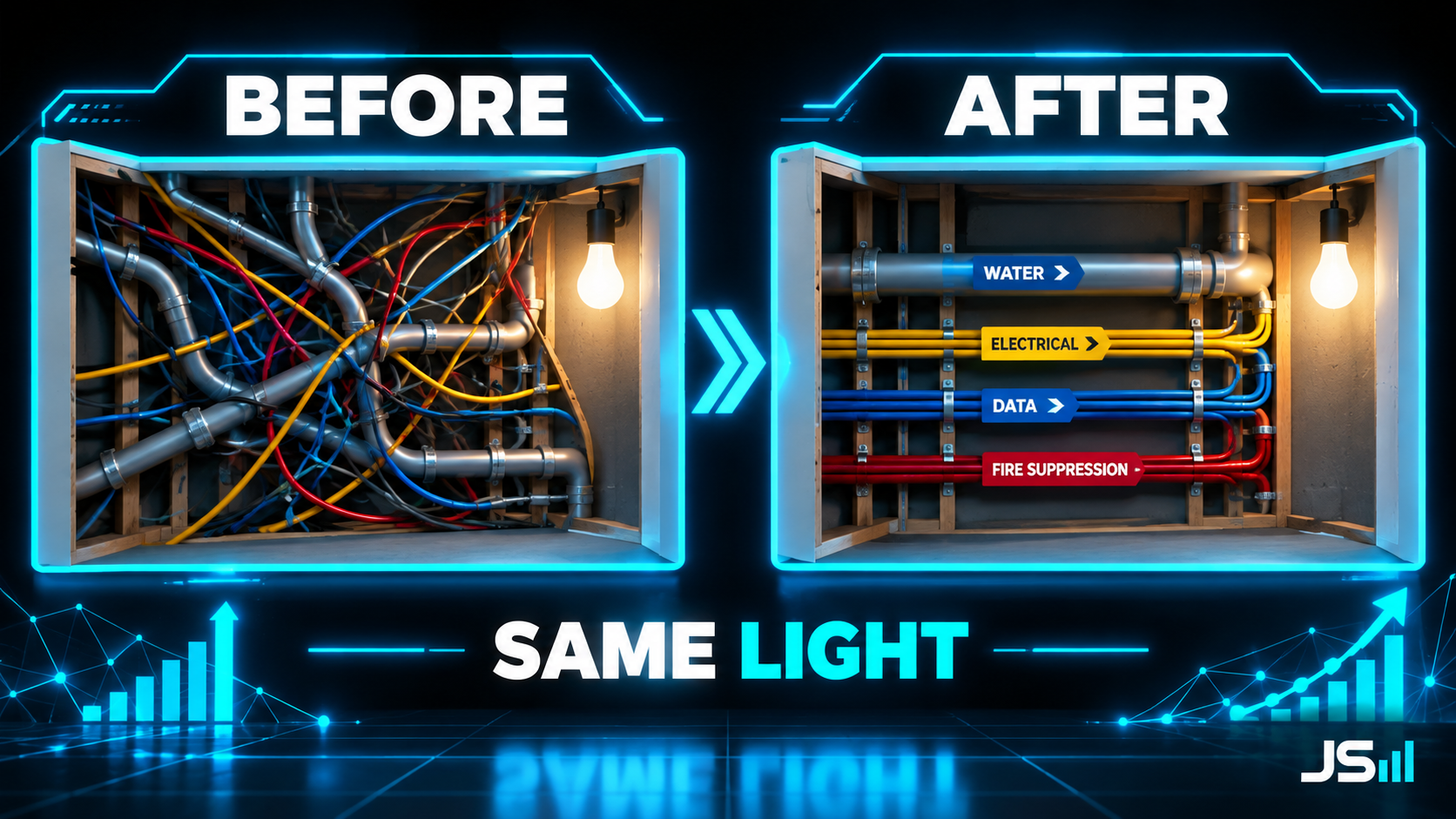 Before and after diagram of a room: tangled crossing pipes and wires behind the wall on the left, neat straight labeled ones on the right, the same light bulb glowing in both