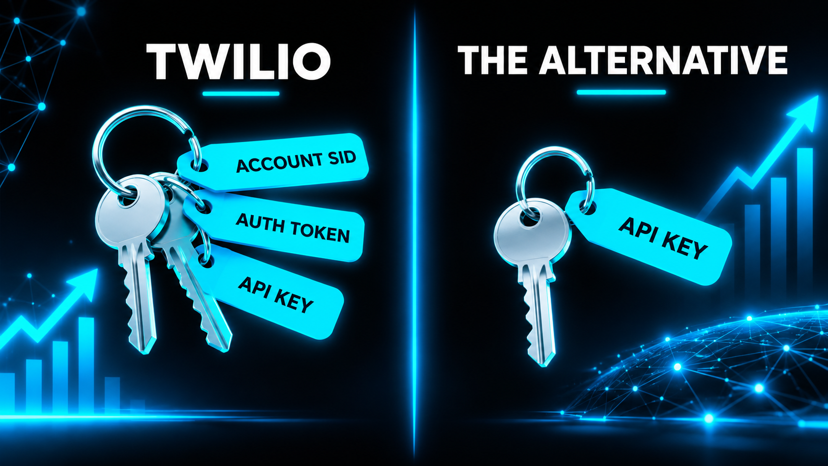 Comparison: Twilio side shows three keys on a ring labeled Account SID, Auth Token, API Key; the alternative side shows one single key labeled API Key