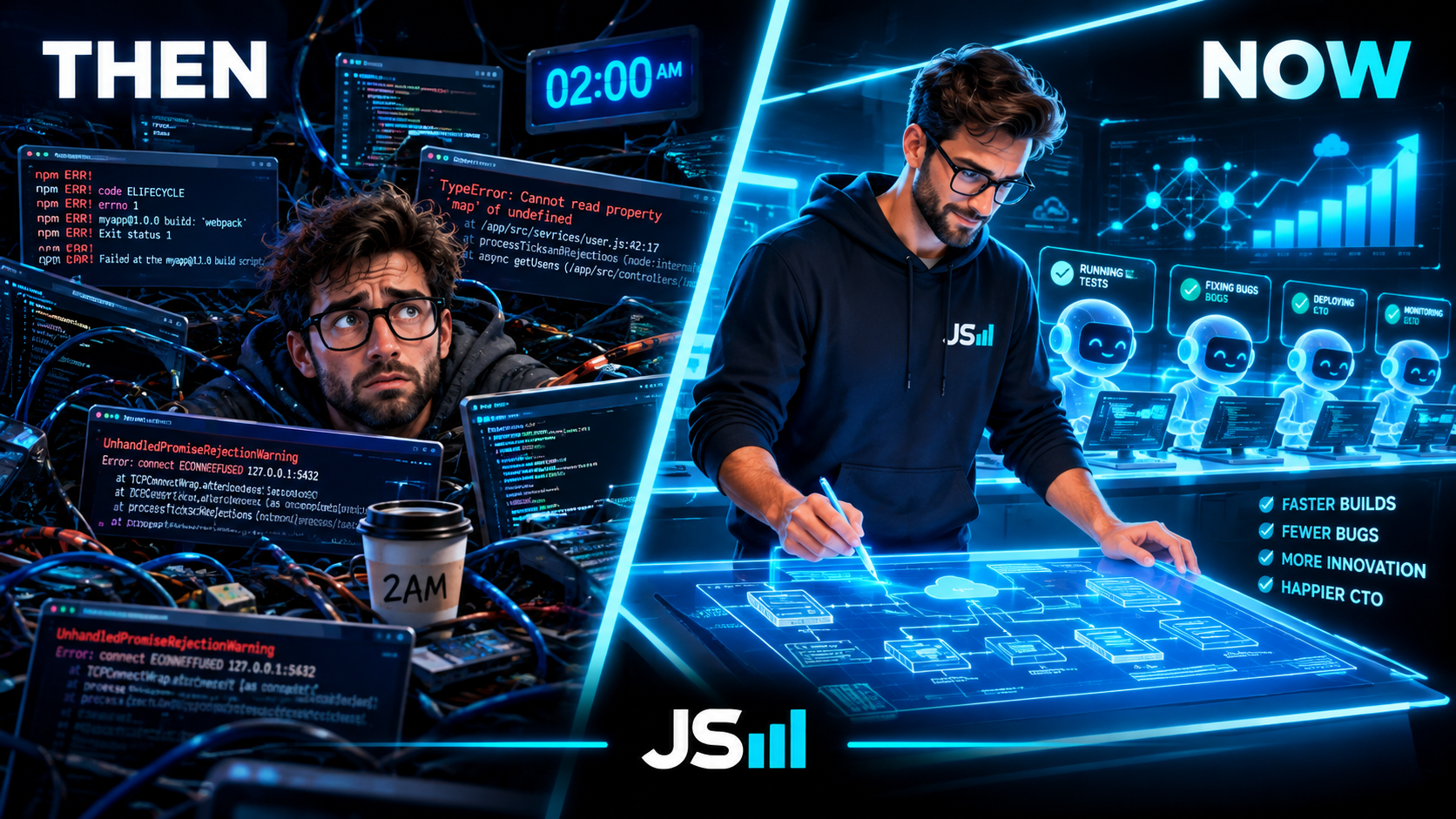 Before and after: a CTO buried in terminal windows and stack traces at 2am, then the same person standing at a drafting table over one architecture blueprint while small agents run tests behind him