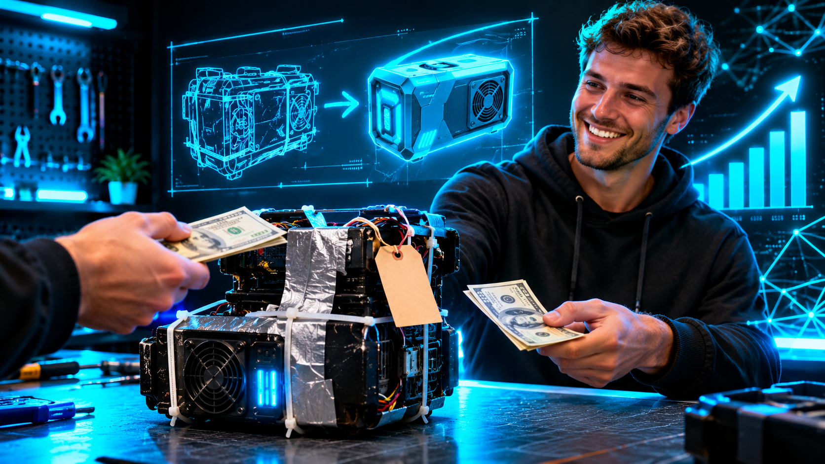 A rough first product held together with duct tape and zip ties on a workbench, a handwritten price tag on it, and a customer handing over cash with a smile