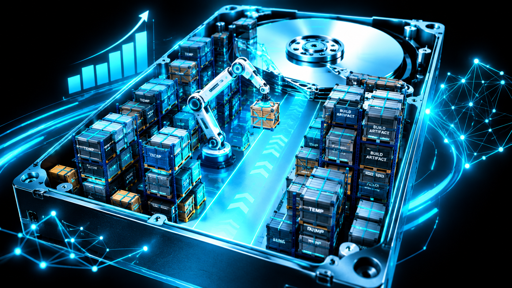 A hard drive drawn as a warehouse packed with crates labeled temp, cache and build artifact, with a robotic arm clearing a path through them