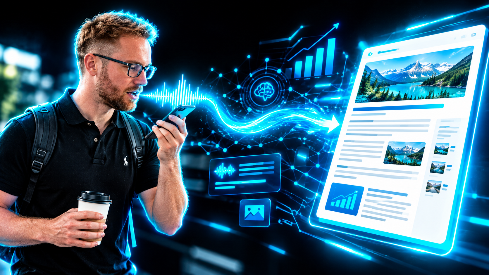 A man walking outside with a coffee cup talking into his phone, a glowing voice waveform flowing out of it and becoming a finished illustrated article page