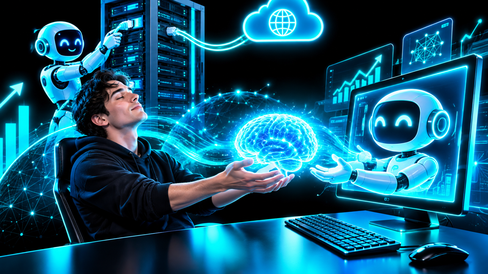 A person handing their glowing brain across a desk to a chatbot while a robot behind them plugs a server into the public internet