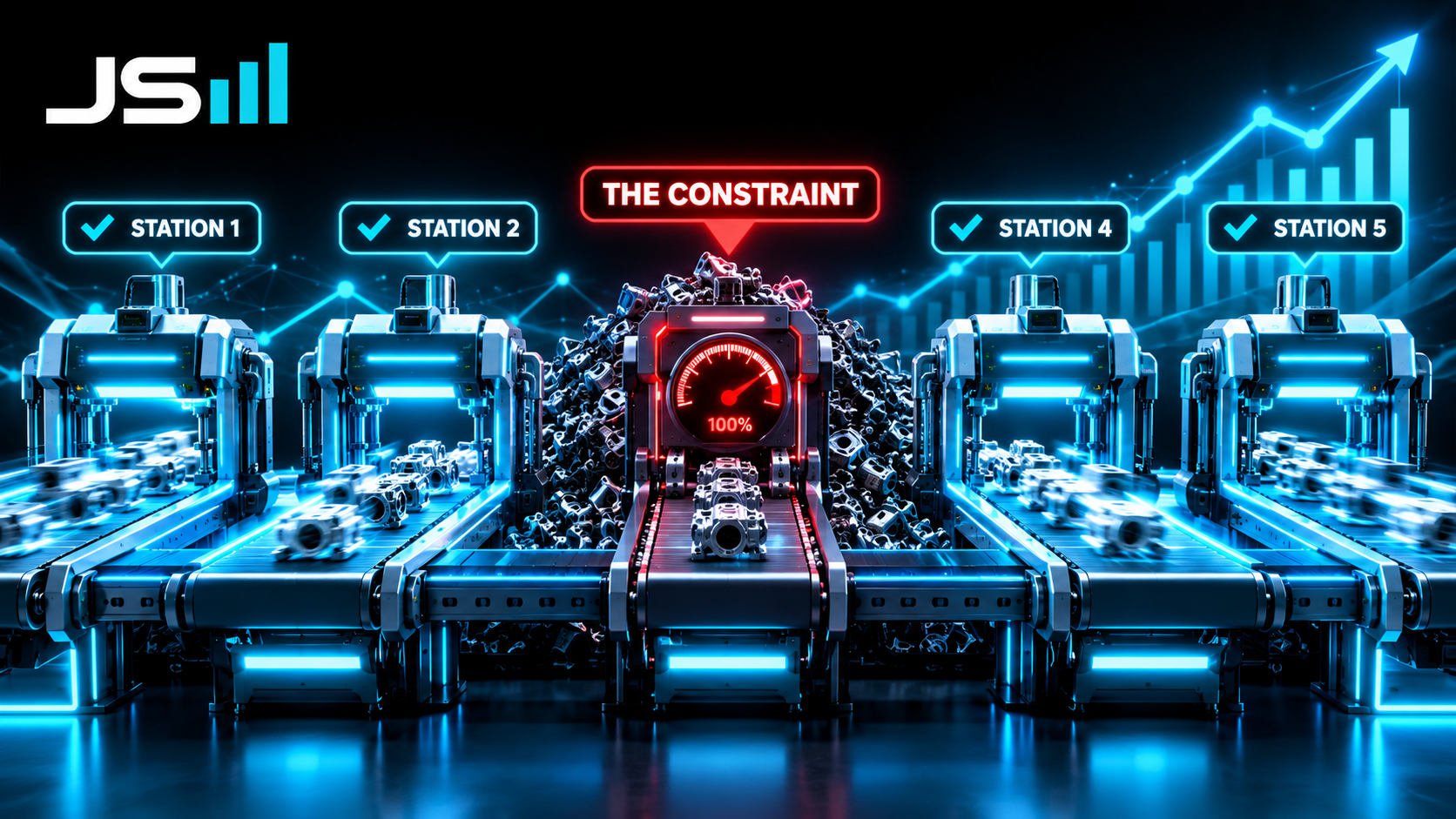 A factory line with four stations flowing smoothly and one station in the middle backed up with a pile of parts and a red gauge pegged at max, labeled the constraint