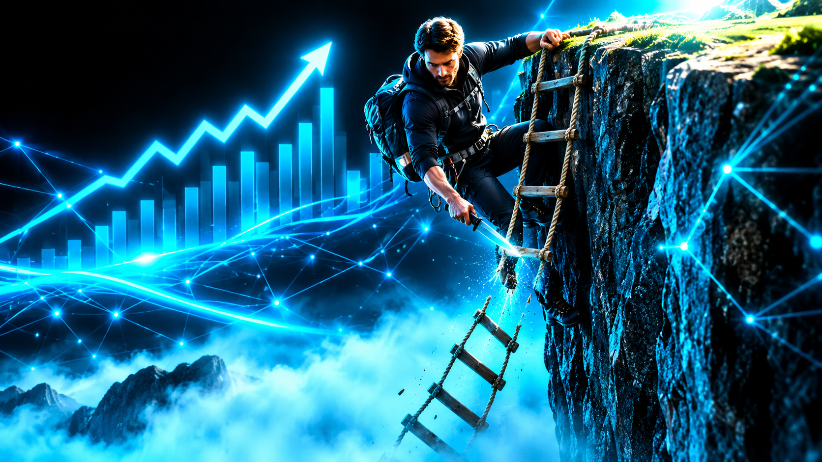 A founder halfway up a sheer cliff calmly cutting the rope ladder beneath his own feet while the ledge above is close and lit