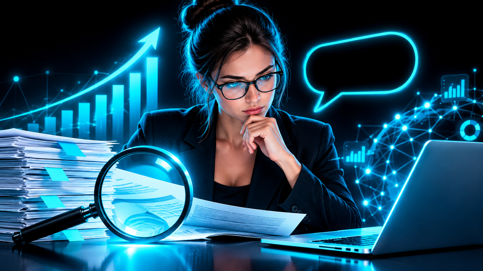 A magnifying glass over a stack of research papers and a laptop, a person reading carefully with an empty speech bubble, pausing before responding