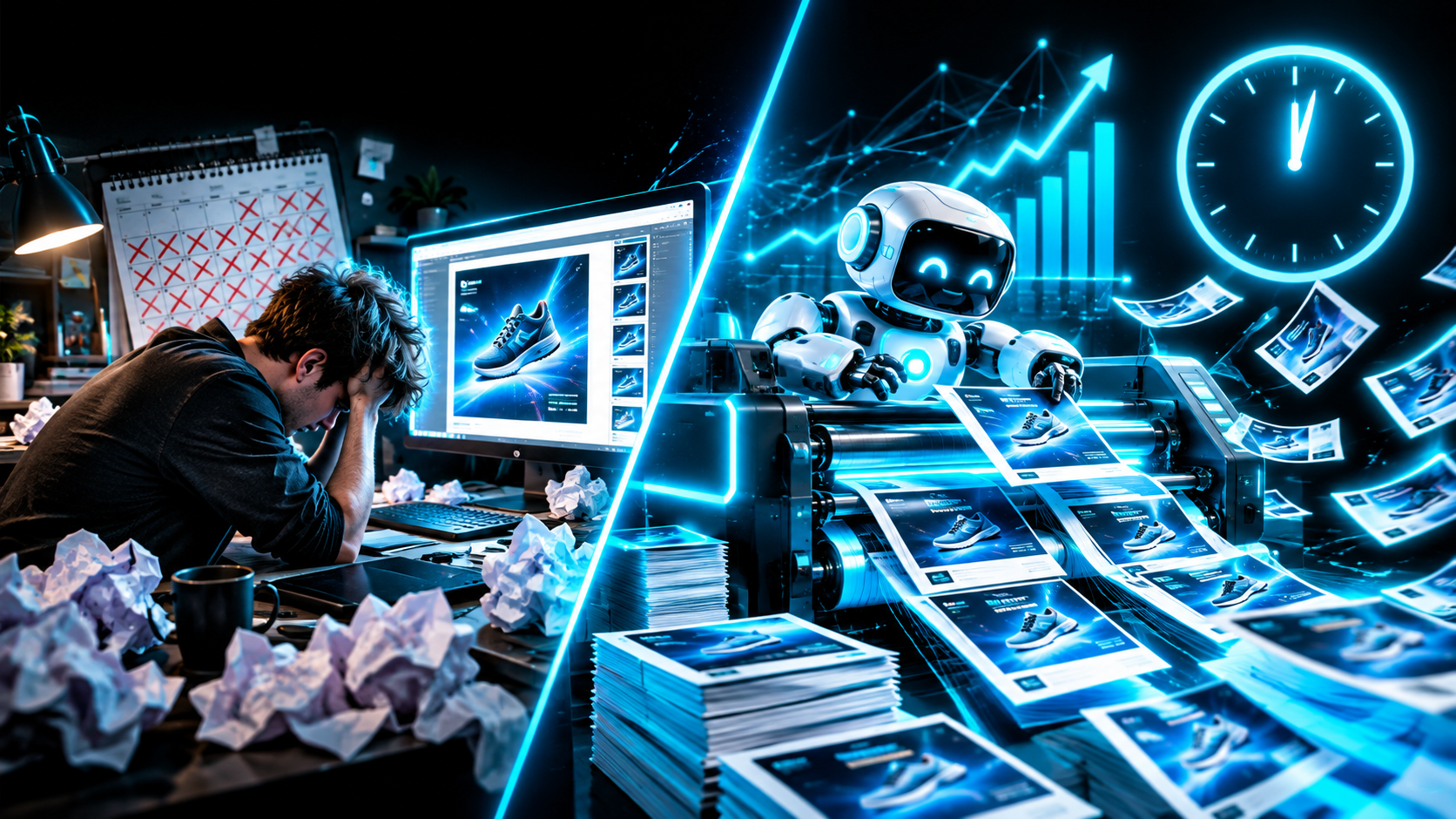 Left side a human designer buried in crumpled paper with one finished ad and a month crossed off the calendar, right side a small robot printing press firing out hundreds of finished ads in an hour