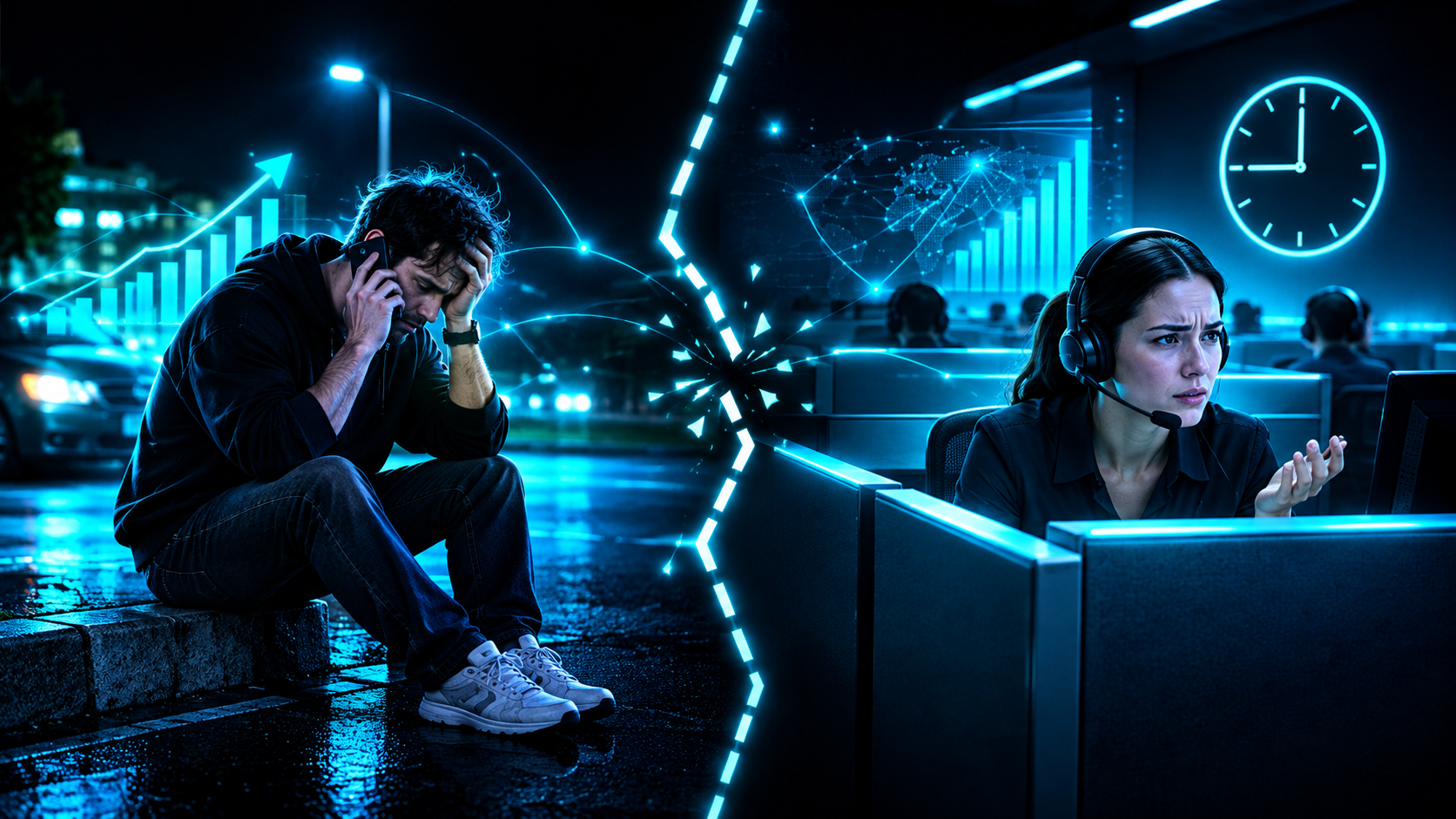 Split night scene, a distressed person on a curb holding a phone looking defeated on one side, a dim call center cubicle on the other, with the connection between them broken, clock reading 9pm