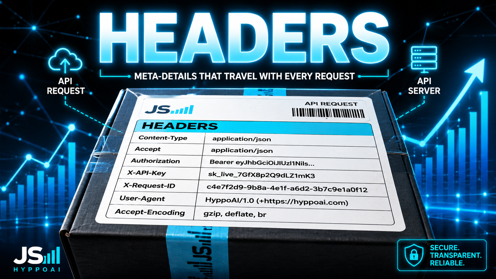Diagram of the headers of a request drawn as a shipping label with content type and an x-api-key line, headline reading Headers