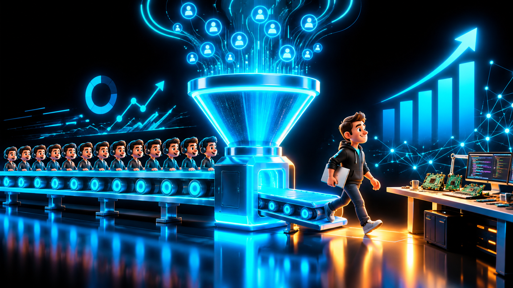 A glowing sales funnel machine with fourteen small sales rep figures feeding it while one founder steps off the belt and walks toward a workbench of circuit boards and code