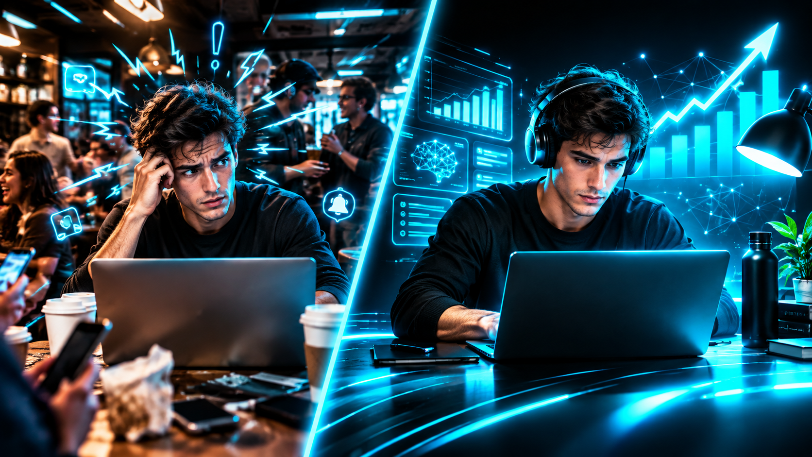 Split scene, left side a person distracted trying to focus in a loud crowded coffee shop, right side the same person locked in in a quiet room with headphones and a single lamp