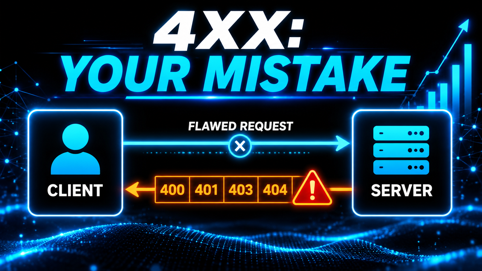 Architecture diagram of a flawed client request returning orange 400, 401, 403, 404 errors, headline reading 4XX: Your Mistake