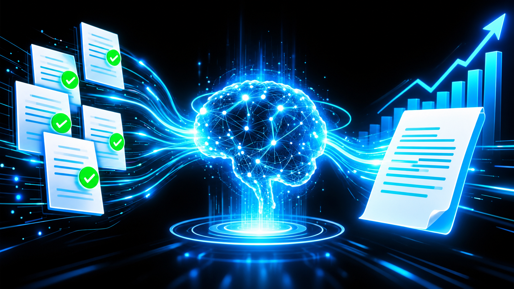 Past proposal documents marked with green checkmarks flowing into a glowing AI writing a new proposal on a blank page