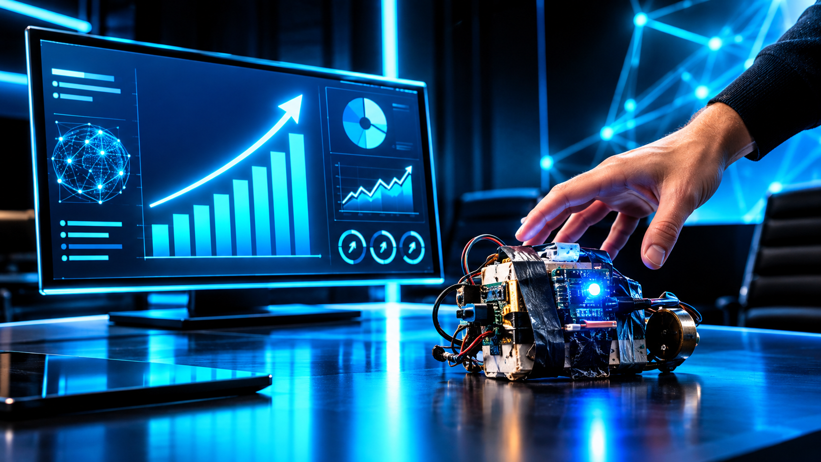 A flawless PowerPoint slide with charts pointing up on a boardroom screen, next to an ugly half-built prototype with exposed wires and one blinking LED, a hand reaching past the slide to pick up the prototype