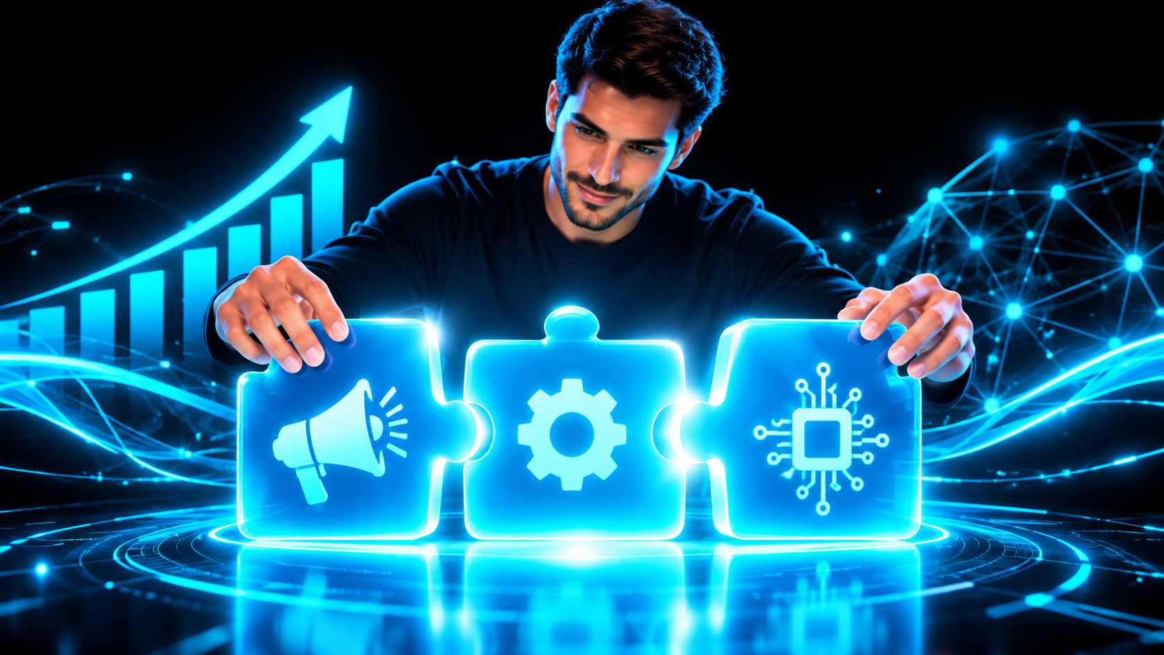 A leader arranging three glowing puzzle pieces shaped like specialists, a marketing megaphone, an operations gear, and a technology circuit, snapping them together into one working machine that lights up