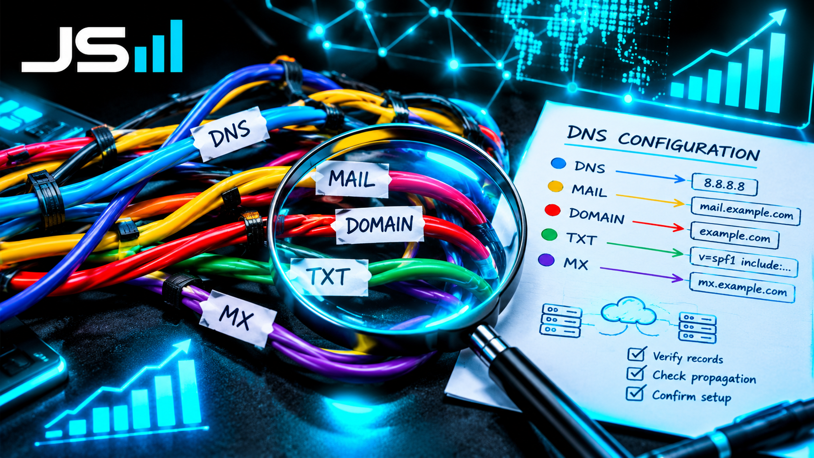 A tangled wiring harness laid out on a workbench, each wire tagged DNS, MAIL, DOMAIN, TXT, MX, with a magnifying glass and a hand-drawn diagram