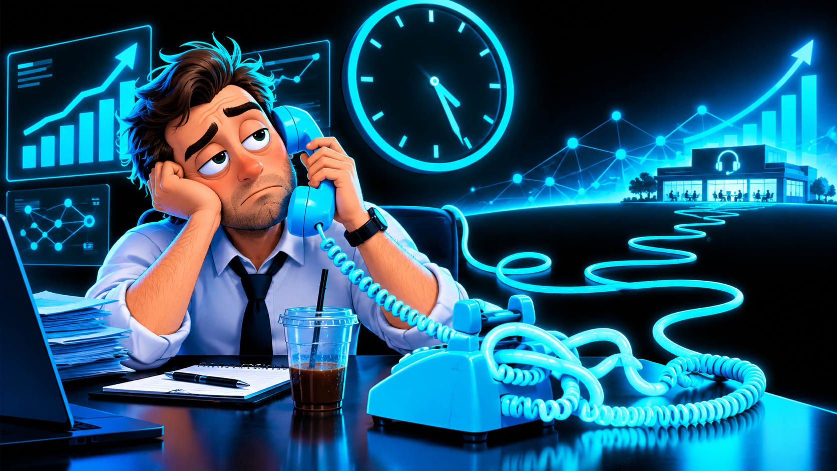 A tired business owner on hold on a landline phone at a desk, clock showing hours passed, cold coffee, a long tangled cord snaking toward a tiny distant call center