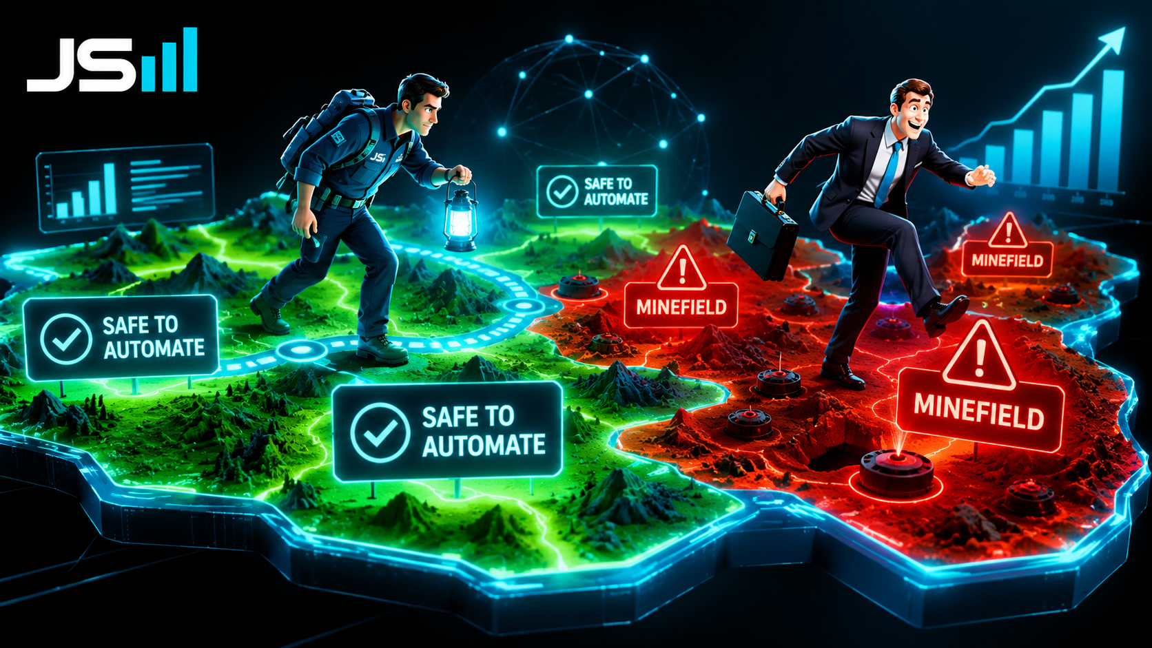 A business drawn as a terrain map with green zones labeled safe to automate and red minefield zones with warning signs, an engineer with a lantern walking the safe path while an eager executive is about to step on a mine