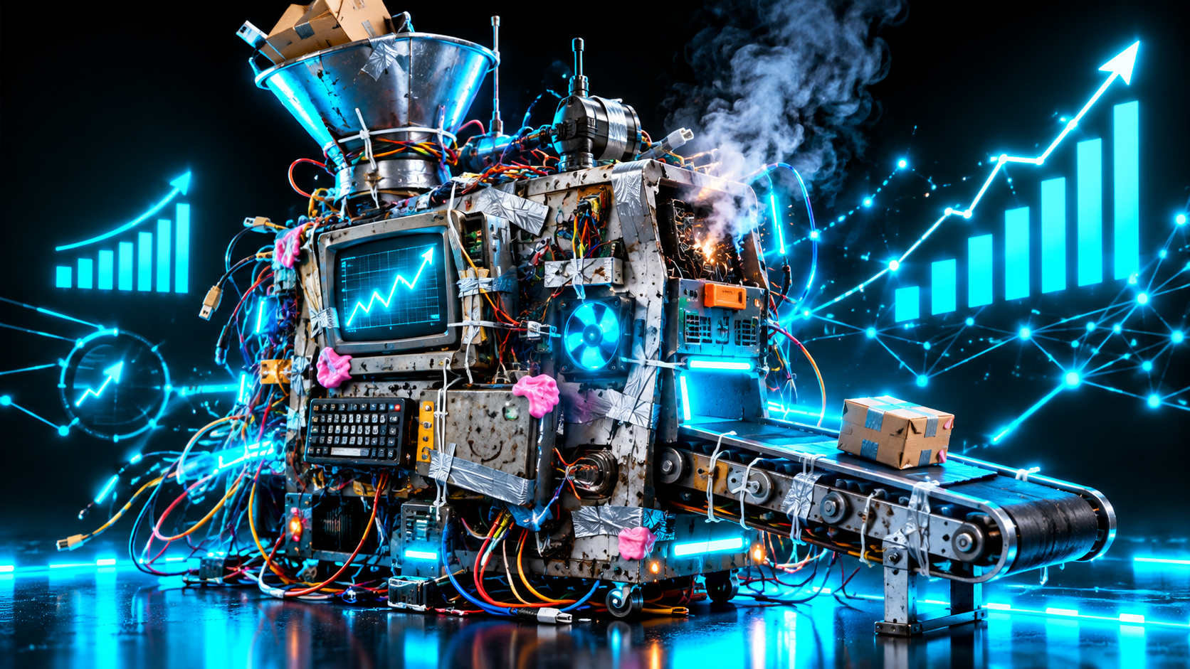 A machine built from mismatched parts held together with duct tape and zip ties, wires spraying everywhere, one panel smoking, delivering a single small package on a conveyor belt